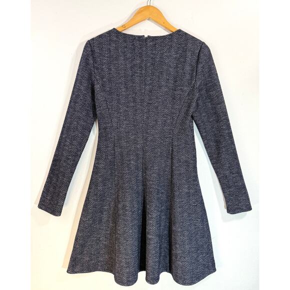 Theory Albita Wool Blend A-Line Long Sleeve Dress Blue Gray Herringbone Size 8 - Picture 3 of 9